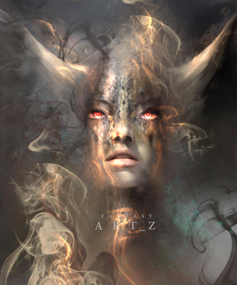 Dark fantasy demon art - horned creature with glowing red eyes surrounded by ethereal smoke and mystical energy