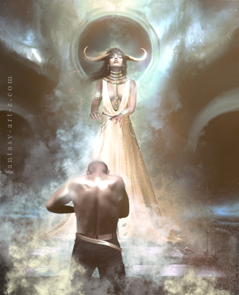 Fantasy digital art of a horned goddess in a golden gown standing elevated before a kneeling worshipper in a misty ancient temple chamber with glowing circular portal behind her