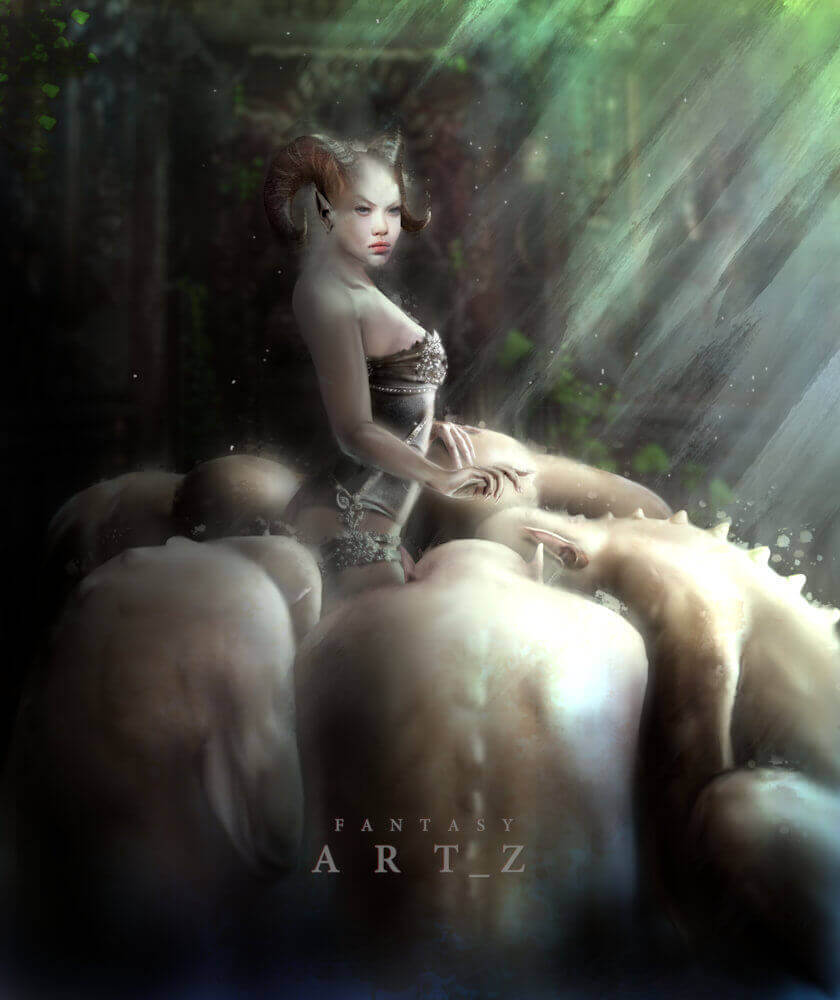 Fantasy forest nymph surrounded by devoted creatures