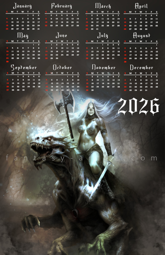 2026 fantasy calendar featuring warrior woman riding a beast with battle axe