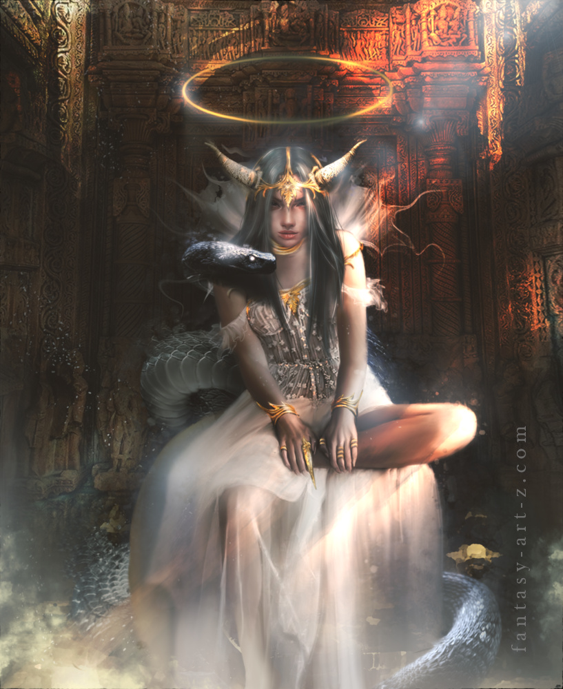 Fantasy digital art depicting horned goddess Lilith demon woman with golden halo sitting in ornate ancient temple with serpent and dramatic lighting