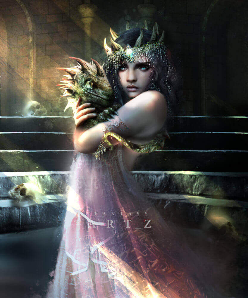 Fantasy digital art depicting dark-haired girl with ornate horned crown embracing small green dragon in medieval stone setting