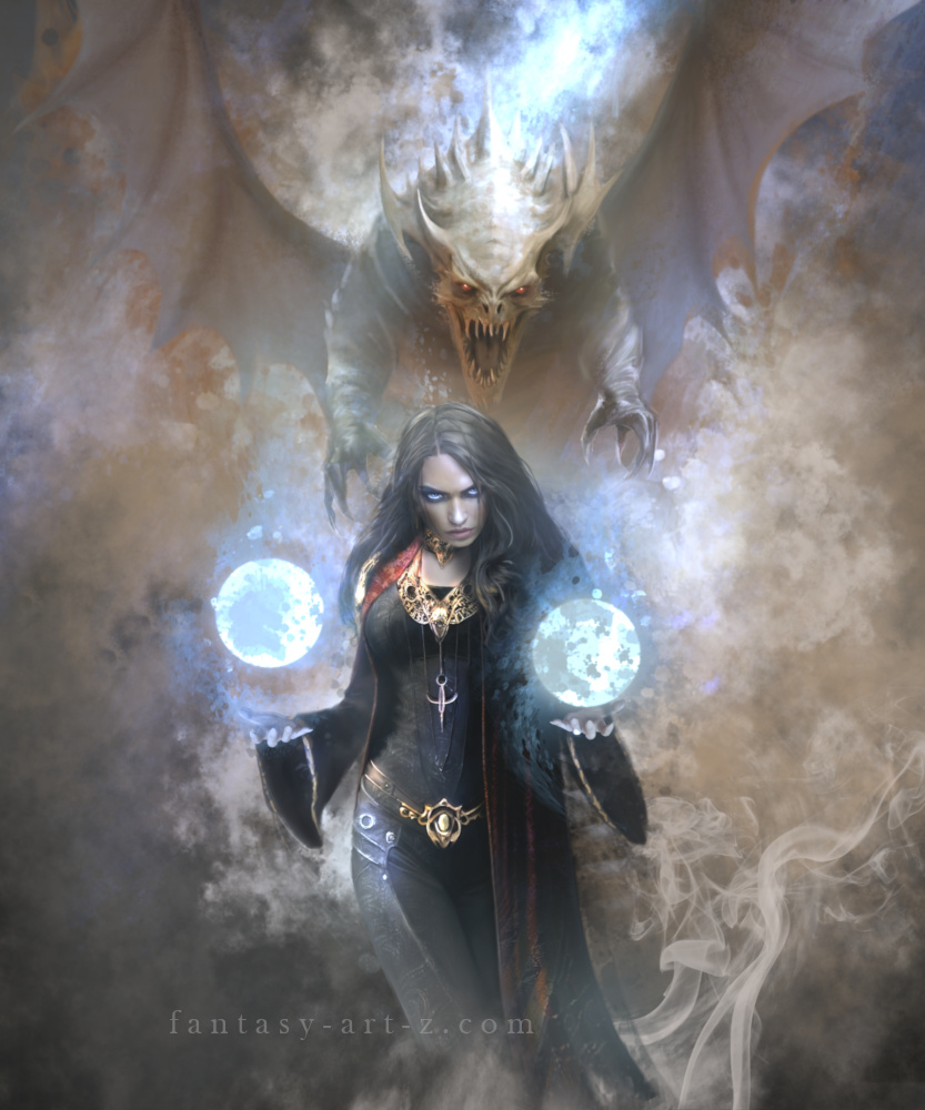 Dark fantasy art of gothic sorceress with glowing orbs summoning winged demon creature in smoky mystical atmosphere
