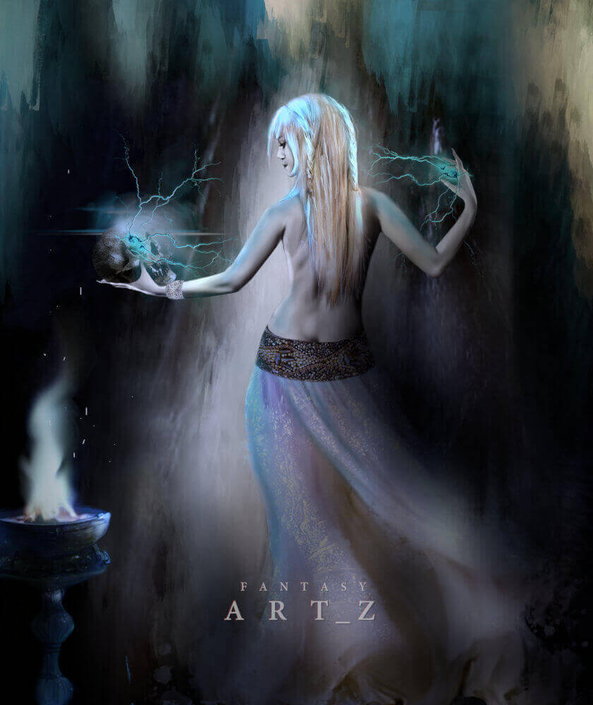 Fantasy sorceress with long blonde hair casting blue lightning magic in dark cave with mystical atmosphere