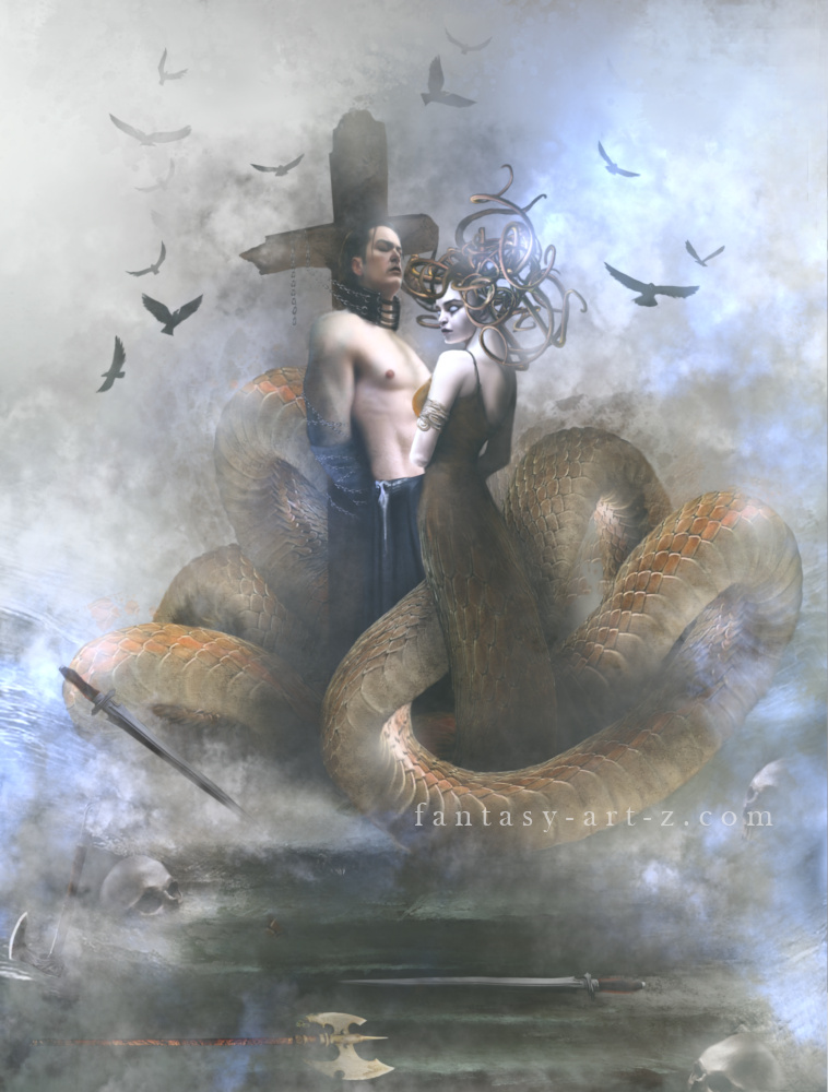 Fantasy digital art of a Medusa Gorgona embracing a chained man bound to a cross, surrounded by a giant coiled serpent, ravens, swords and skulls in a misty atmospheric scene
