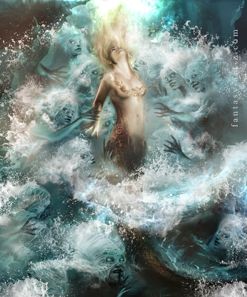 Fantasy digital art of a glowing mermaid ascending from turbulent ocean waves, surrounded by pale aquatic spirits reaching toward her with clawed hands