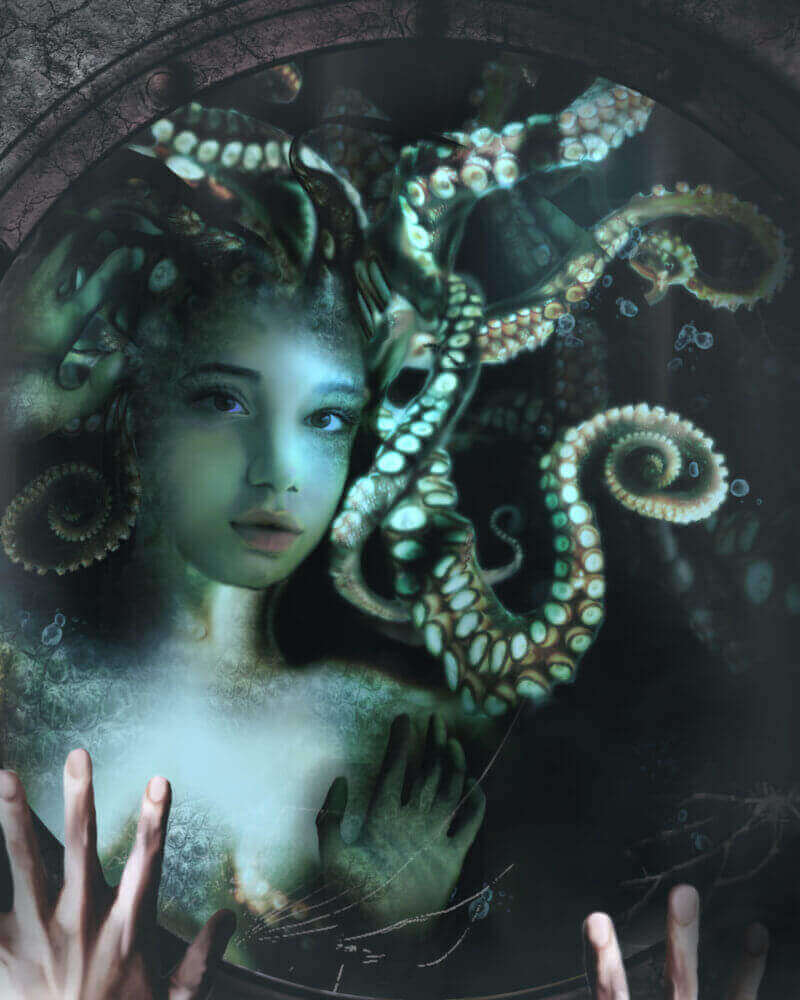 Fantasy sea goddess with octopus tentacles as hair emerging from dark underwater depths with glowing eyes