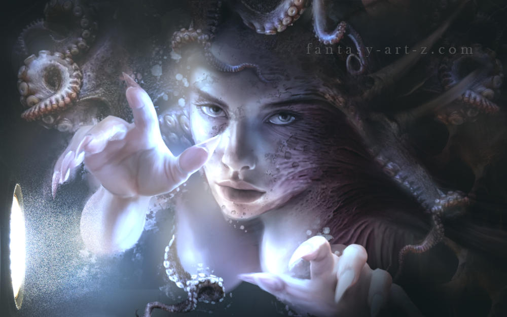 Fantasy art-print poster of a sinister dark mermaid under the water with tentacles around