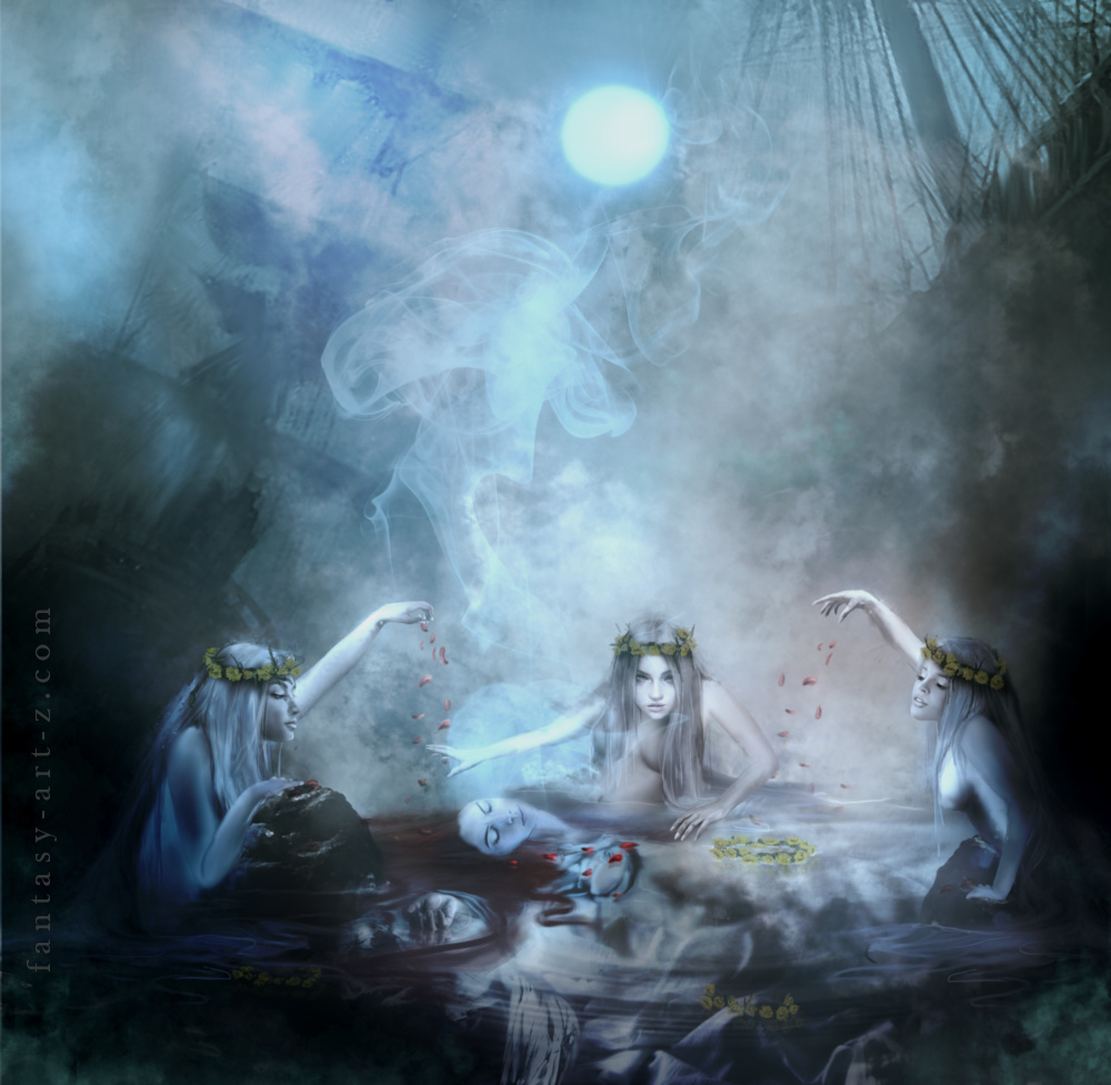Fantasy art of three ethereal mermaids or sirens with flower crowns in misty underwater scene with sunken ship wreckage and atmospheric lighting