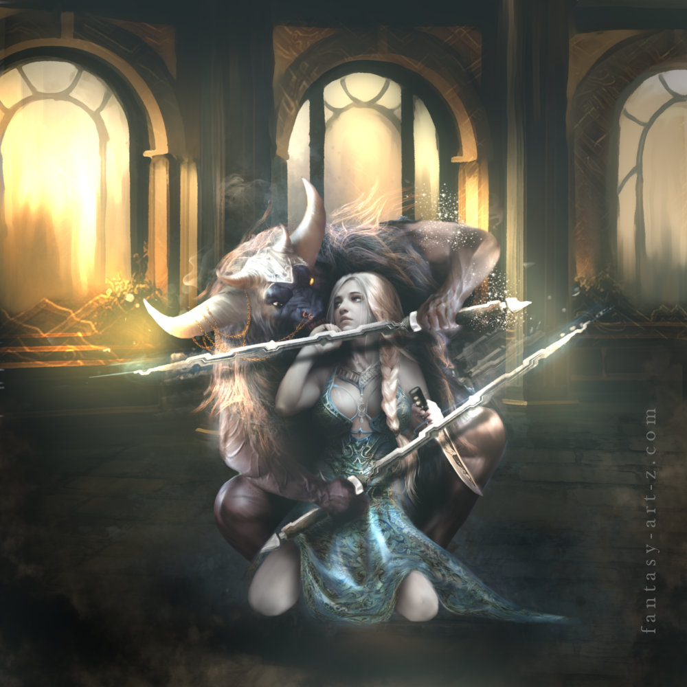 Fantasy warrior woman art - blonde female fighter with glowing sword and minotaur in grand cathedral with golden light streaming through arches