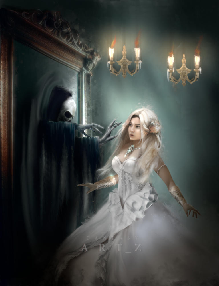 Fantasy art of a ghostly figure reaching from mirror toward a woman in white dress
