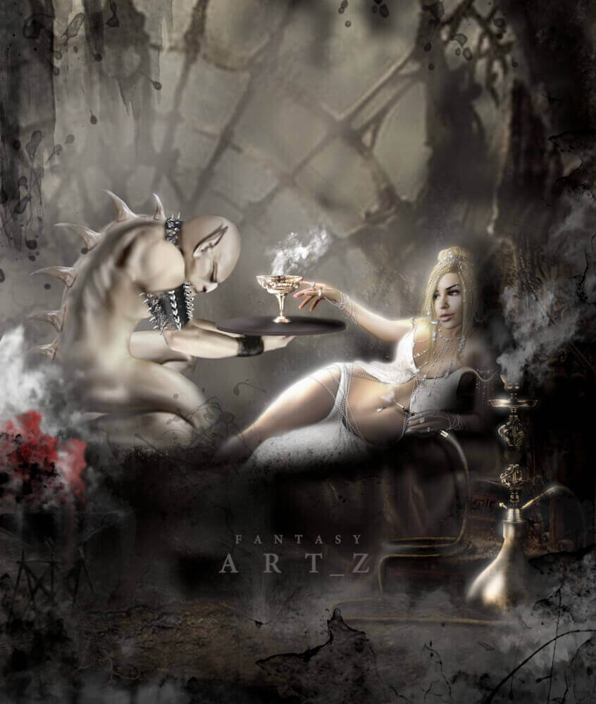 Fantasy art of blonde woman offering drink to horned demon creature in dark mystical setting with hookah and gothic atmosphere