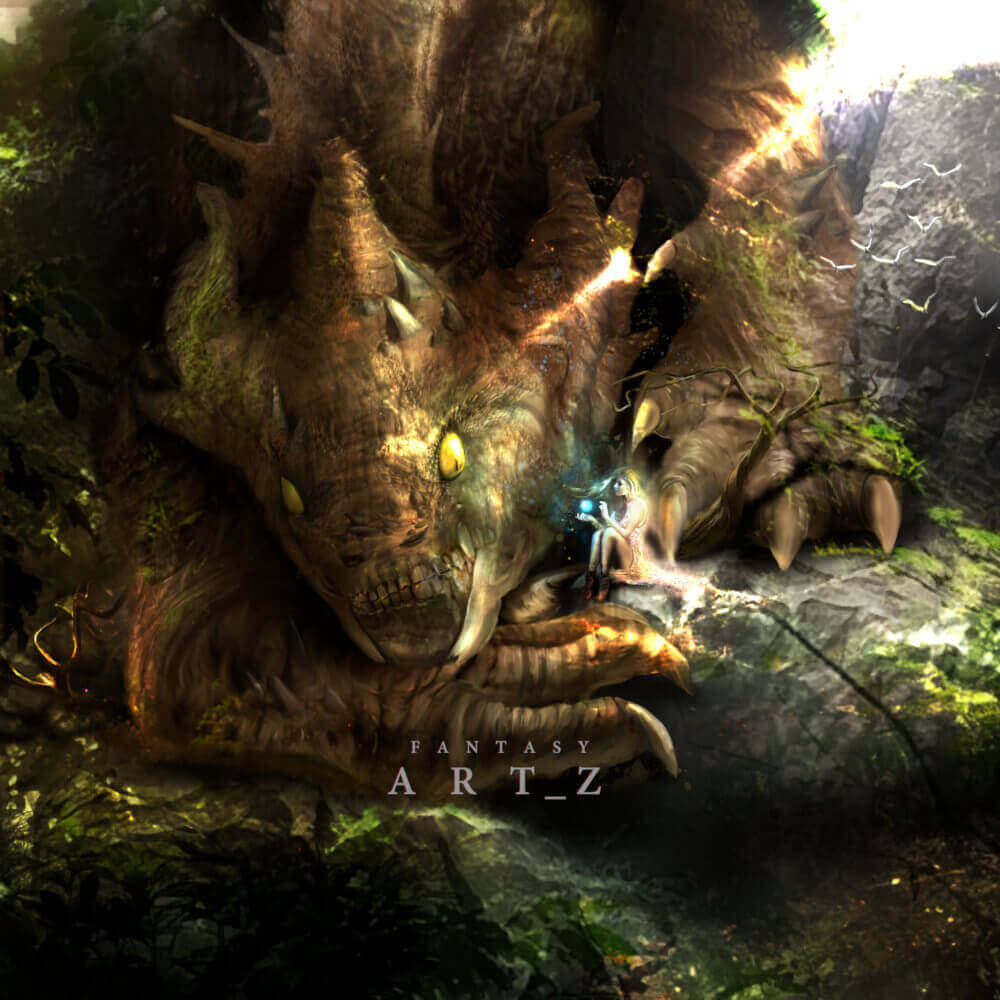 Fantasy dragon with glowing yellow eyes facing small glowing figure in enchanted forest with moss and magical light