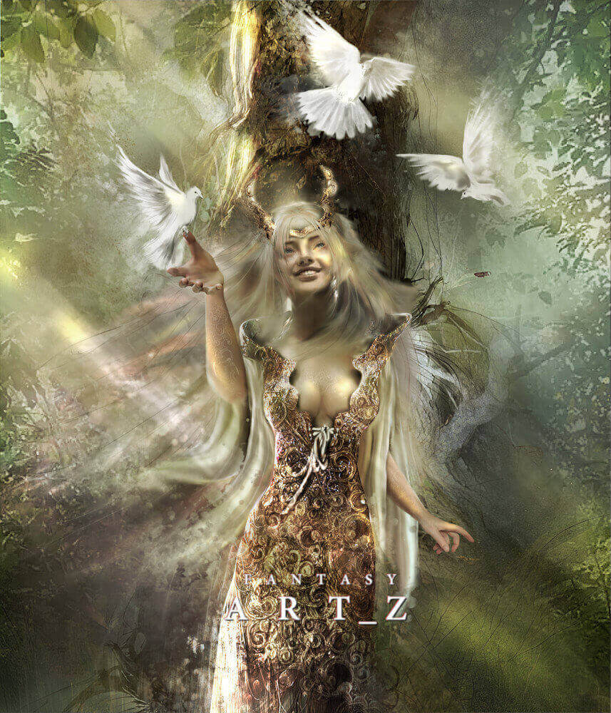 Fantasy forest goddess with flowing blonde hair surrounded by white doves in enchanted woodland with golden light