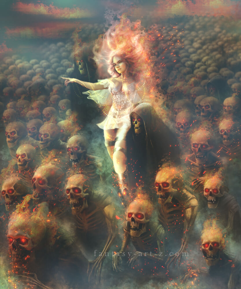 Fantasy art-print poster of ethereal woman with fiery wings leading army of skulls and skeletons in apocalyptic scene