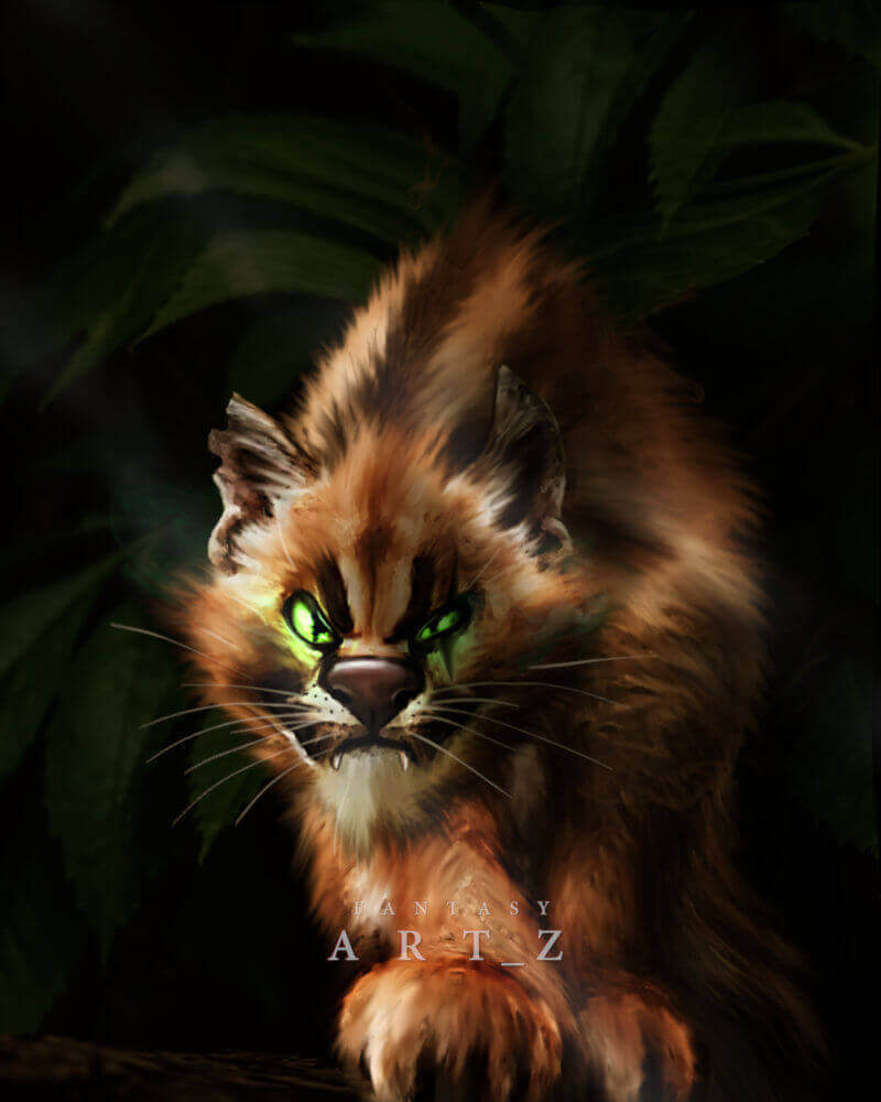 Fantasy art of a wild cat with bright green glowing eyes and orange brown fur in dark forest setting digital painting