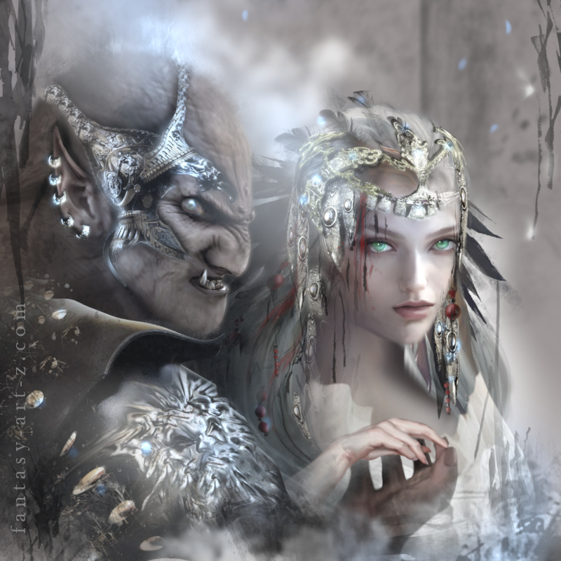 Fantasy art fituring portraits of orc and his human princess bride