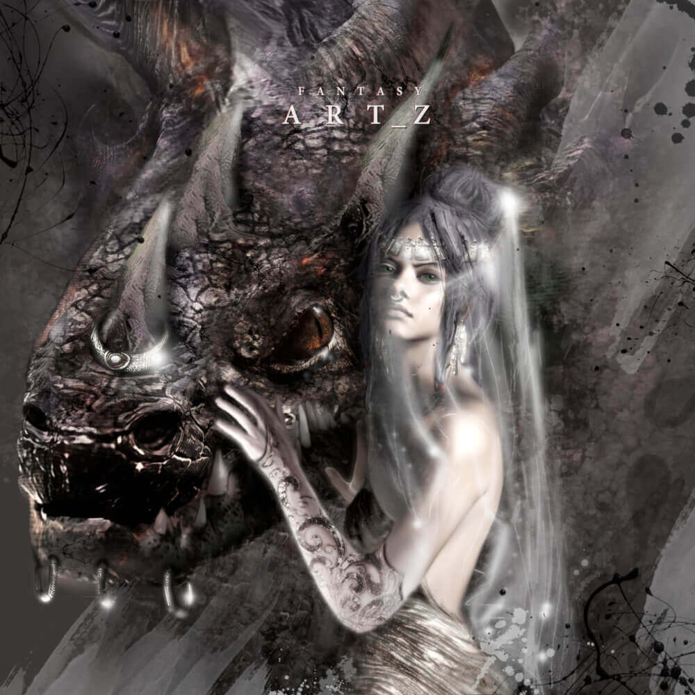 Dark fantasy art of ethereal woman with dragon creature in gothic monochrome style with mystical lighting effects