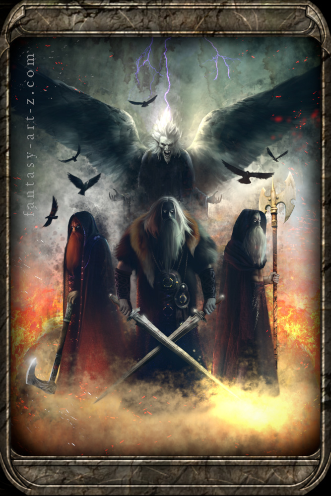 A Dark and Dangerous DnD playing card featuring three hooded warriors wielding crossed swords and a battle axe, with a winged demon lord looming above amid lightning and fire.