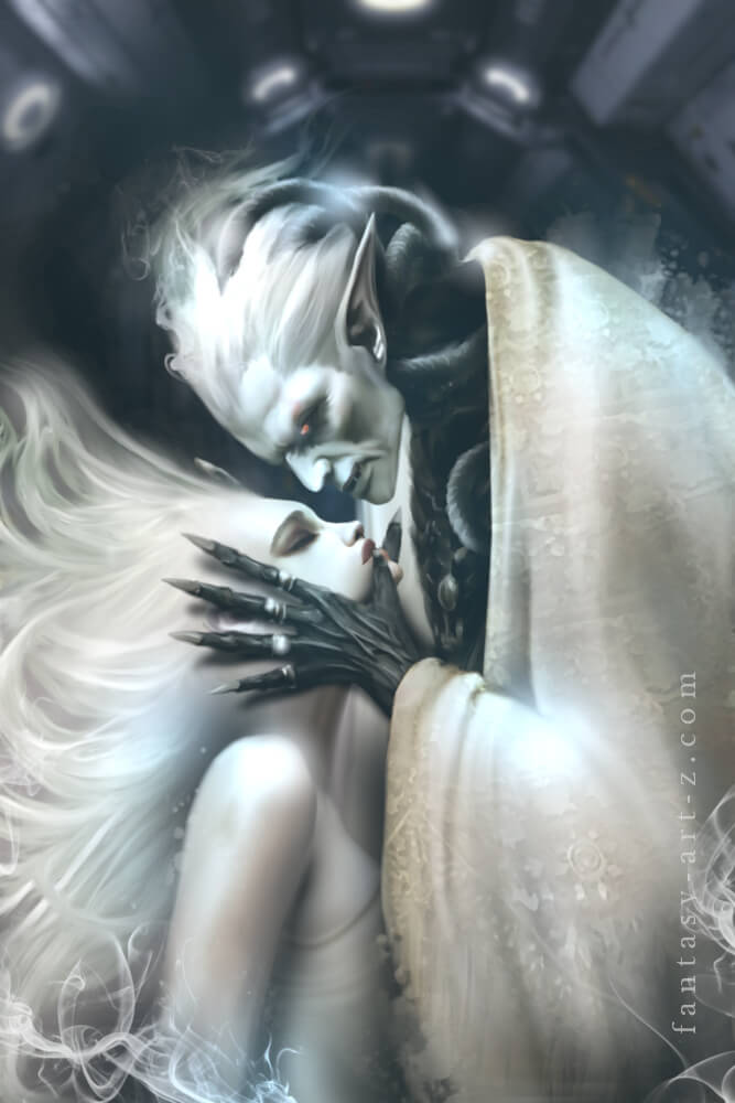 Dark fantasy art-print poster of vampire or demon character with long white hair embracing pale figure in gothic romantic style