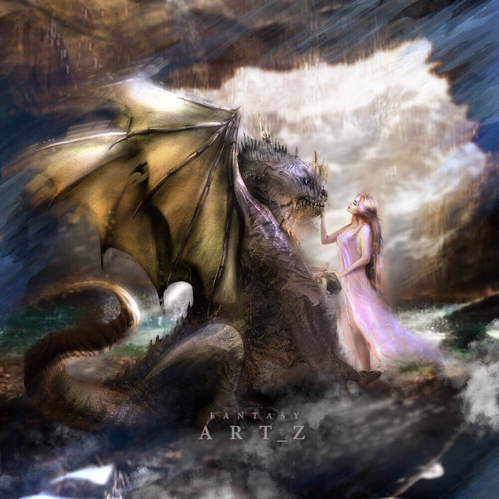 Fantasy dragon and maiden art - large bronze dragon with golden wings beside woman in flowing pink dress in mystical cave setting