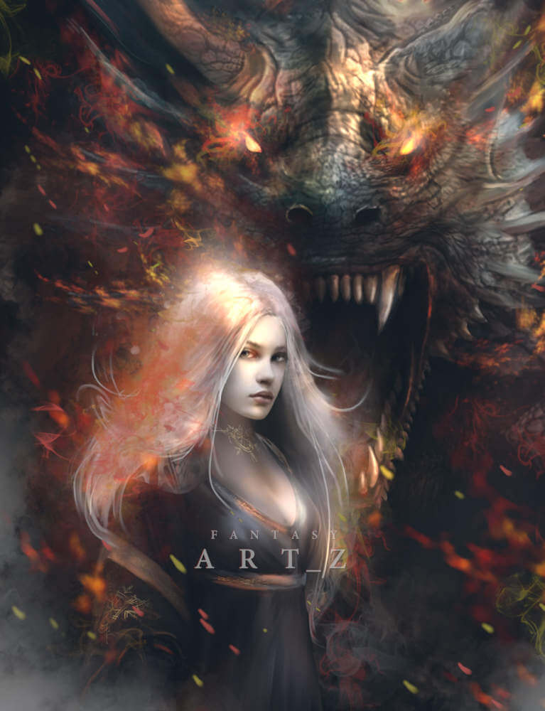 Dark fantasy dragon art - silver-haired woman with massive fire-breathing dragon behind her in swirling flames and smoke