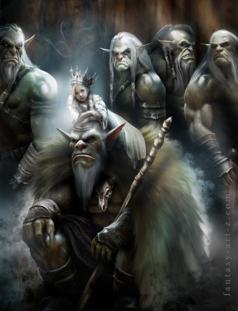 Dark fantasy art-print poster featuring orc warriors surrounding crowned princess with staff in atmospheric dungeon setting