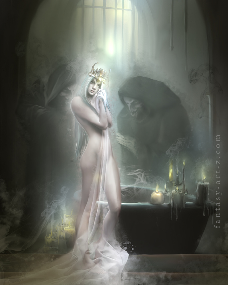 Dreamy fantasy art of a crowned princess wrapped in sheer fabric standing beside a candlelit bath in a misty dungeon with a lurking shadow figure