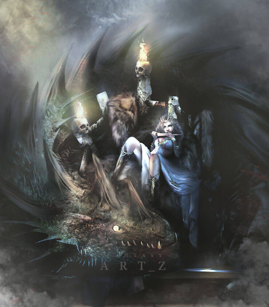 Dark fantasy digital art featuring woman on throne of bones surrounded by skull-headed minions and massive dragon with glowing eyes in shadowy cave
