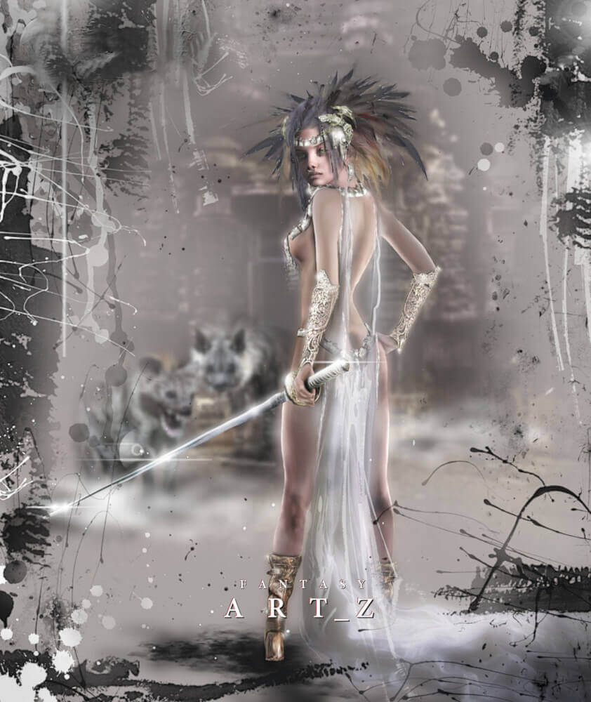 Fantasy warrior woman with feathered headdress and sword in white dress with wolf companion and abstract grunge background