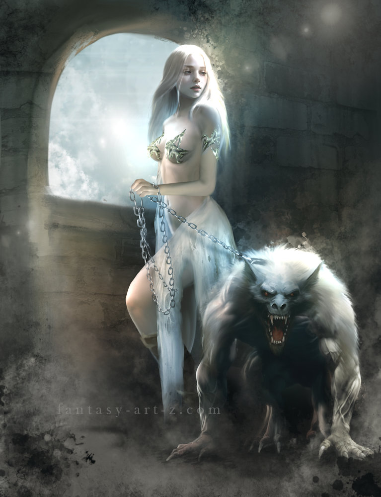Fantasy digital art depicting ethereal woman with platinum hair holding chains connected to fierce wolf creature in stone dungeon setting