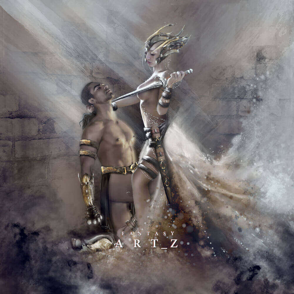 Fantasy warrior woman with ornate headdress holding sword over defeated male warrior in dramatic battle scene