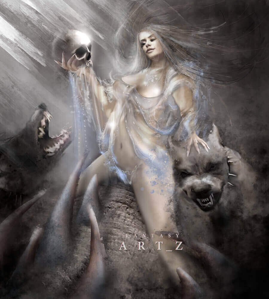 Fantasy necromancer woman with flowing hair holding glowing skull surrounded by dark spirit creatures and mystical energy