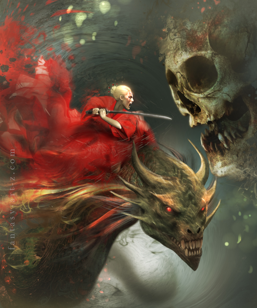 Fantasy warrior in red fighting giant sea serpent with skull and fangs in explosive underwater battle scene