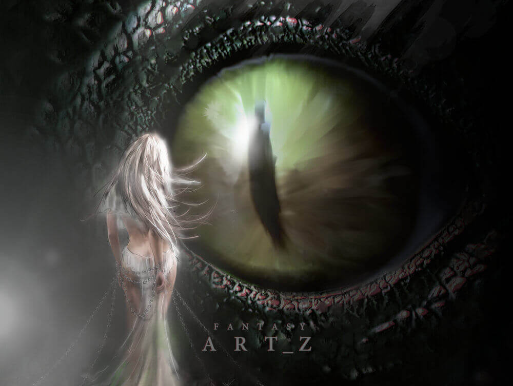 Fantasy digital art illustration featuring blonde woman in flowing dress facing giant green dragon eye with mystical atmospheric effects