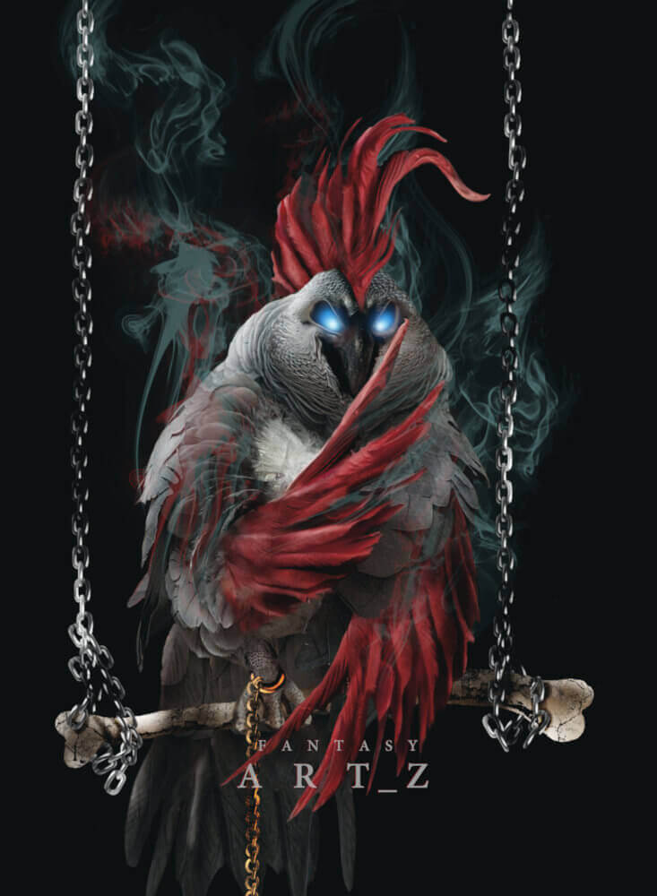 Dark fantasy bird parrot with glowing blue eyes, red feathers, and chains wrapped around body against smoky background