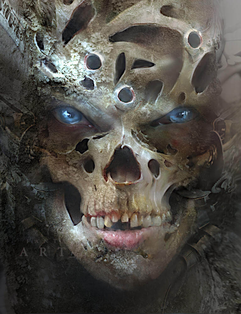 Dark fantasy portrait of skeletal face with glowing blue eyes
