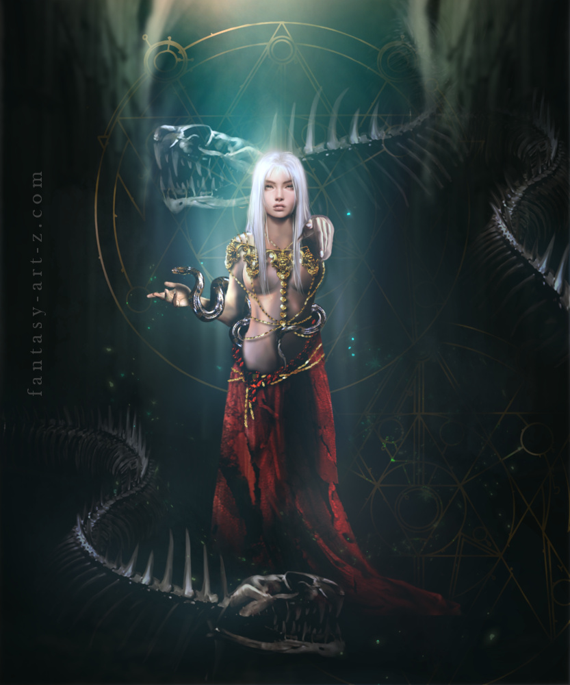 Fantasy sorceress with white hair and serpent familiar surrounded by giant skeletal sea monsters and skulls in dark temple