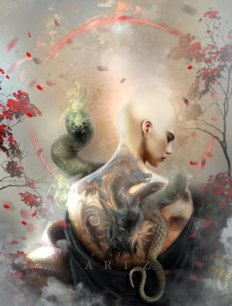 Fantasy dragon tattoo art - a woman with intricate dragon tattoos on back surrounded by red maple leaves and mystical atmosphere