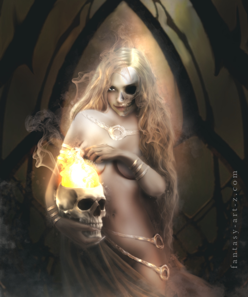 Fantasy digital art of a half skull faced sorceress with long blonde hair holding a glowing skull emanating golden light and smoke in a dark gothic archway