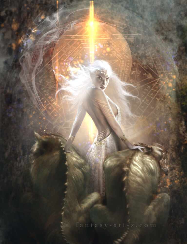 Fantasy digital art featuring ethereal woman with white hair surrounded by sacred geometry mandala and golden light effects with mythical creatures