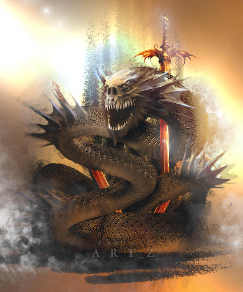 Epic fantasy snake art with ornate sword crown breathing fire in golden light with detailed scales and spikes