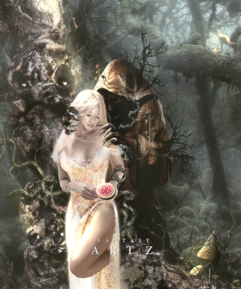 Fantasy art depicting blonde fairy woman in golden dress holding mushroom with dark hooded figure in mystical forest setting