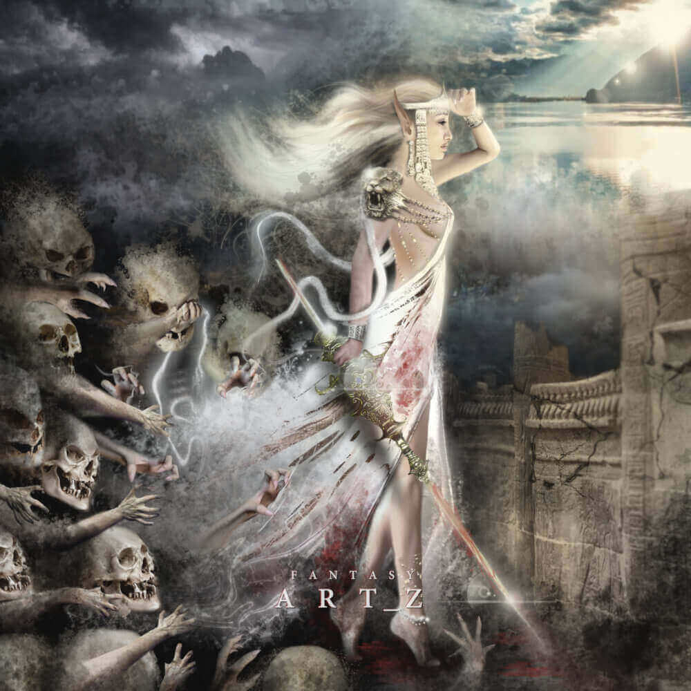 Dark fantasy art of blonde goddess in white dress commanding undead skeletons with magical energy in ancient ruins