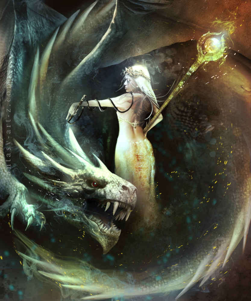 Fantasy dragon rider woman standing with large dragon in misty atmospheric background
