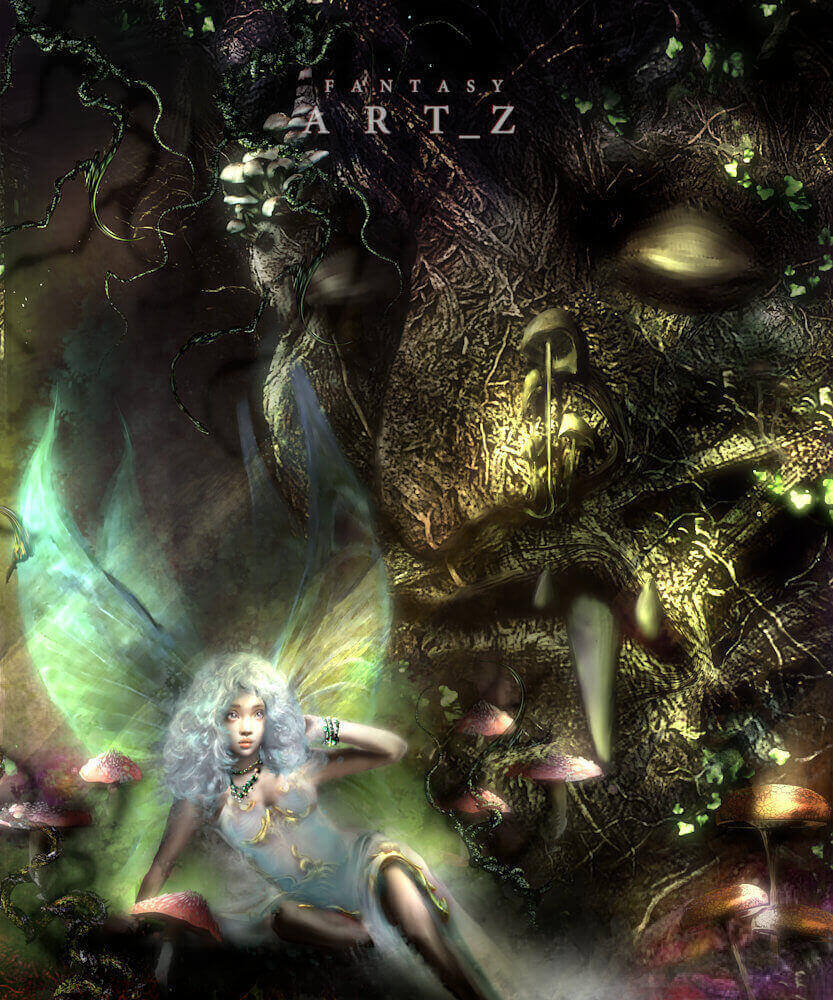 Fantasy fairy with green wings and tree spirit guardian in magical forest with glowing mushrooms and mystical light