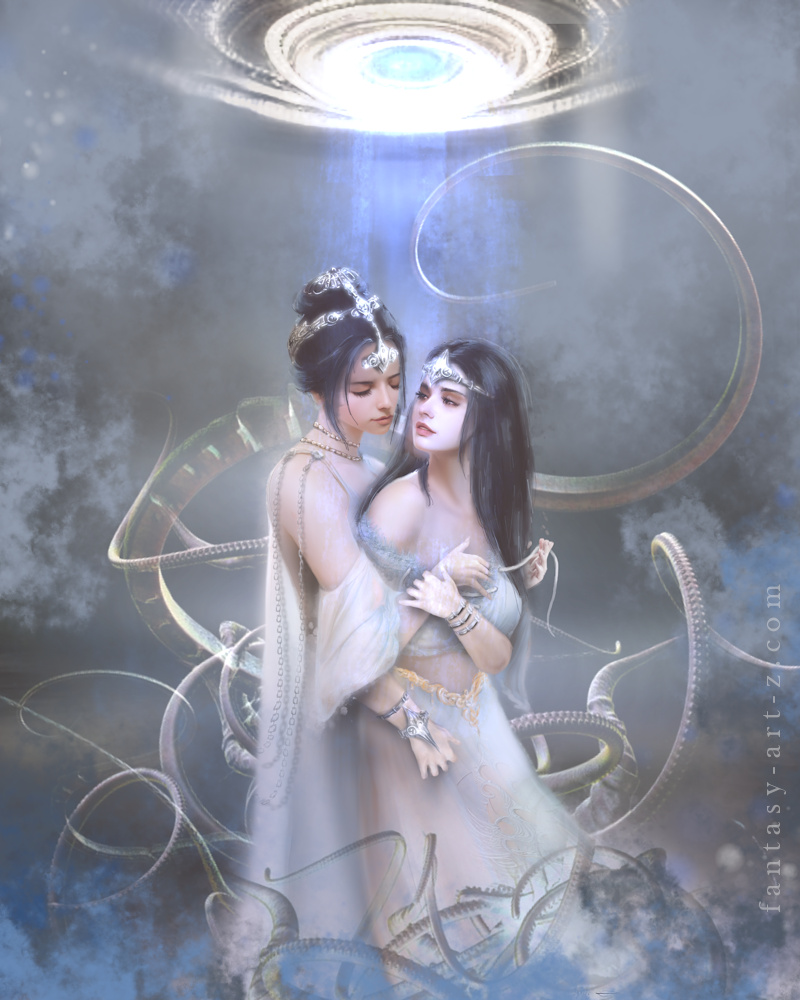 Fantasy digital art of two dark haired celestial princesses adorned with silver crowns and jewelry embracing tenderly beneath a glowing cosmic portal surrounded by swirling golden ribbons of energy