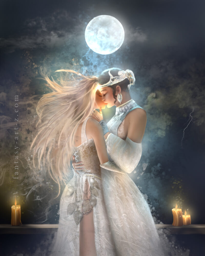 Fantasy art-print poster of females couple embracing under full moon with flowing hair and white gowns surrounded by candles