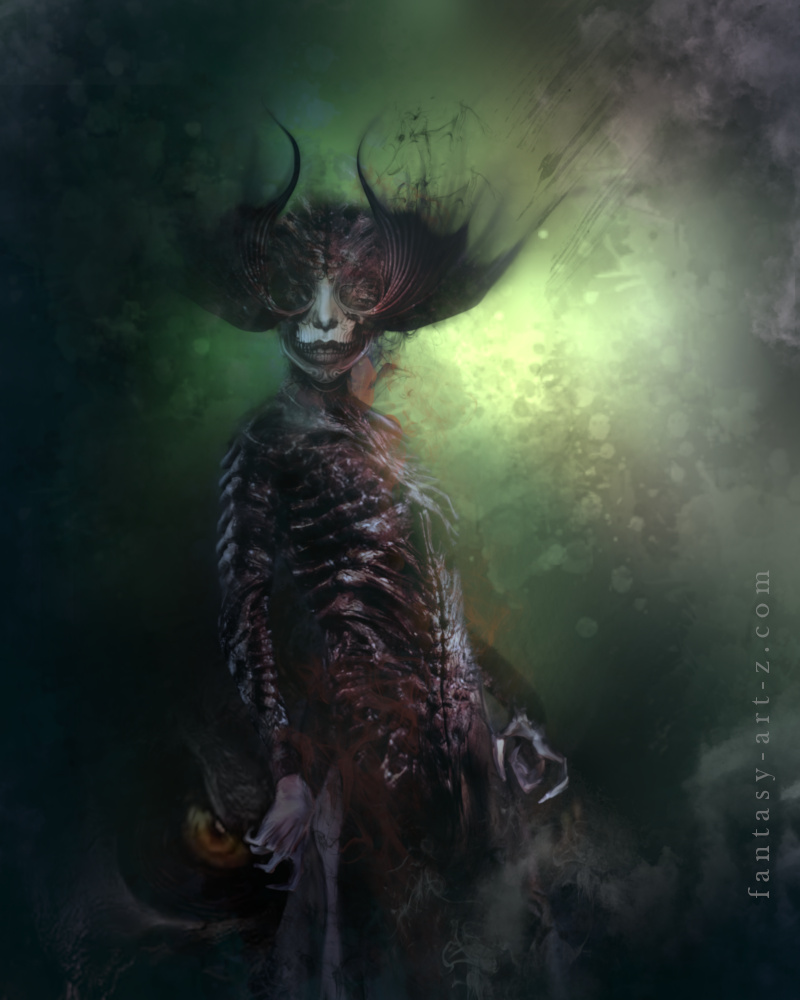 Dark fantasy demon creature with horns and skeletal features surrounded by tentacles in gothic horror style