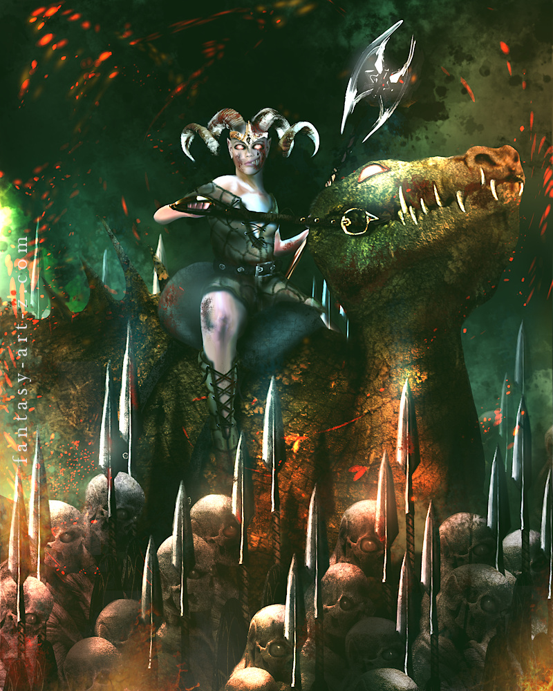 Dark fantasy digital illustration of a pale, horned undead queen with glowing eyes riding a massive reptilian beast through a field of skulls and spears under a green glowing sky.